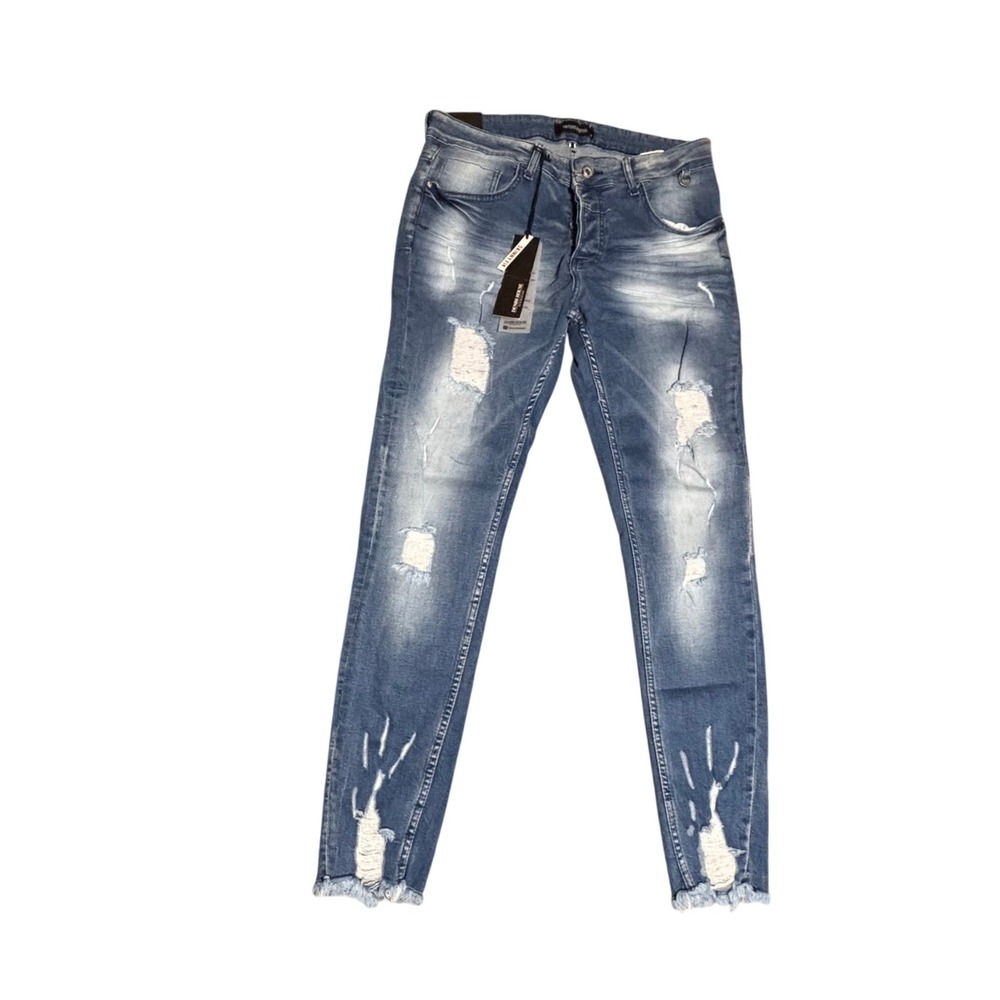 Denim House Skinny Fit Jeans Distressed Blue Button Fly Men W34 L32